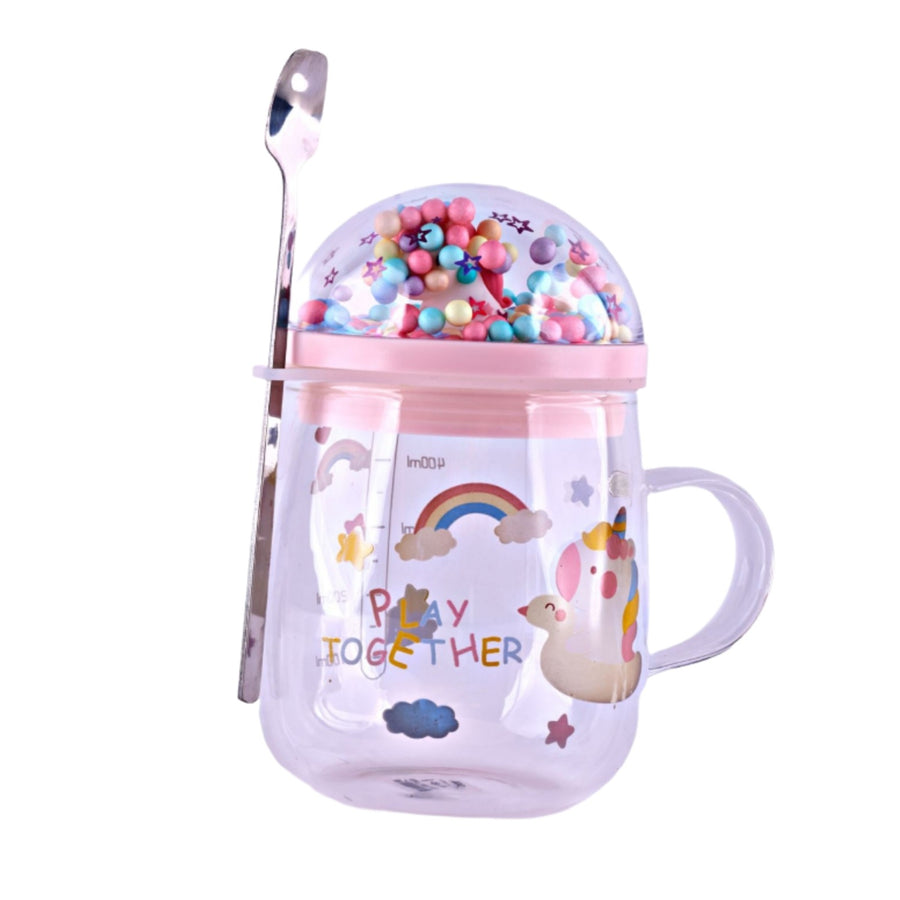 Glass mug with unicorn design, colorful lid, and stainless steel spoon. Perfect for coffee, tea, juice, or any beverage. Dishwasher safe.
