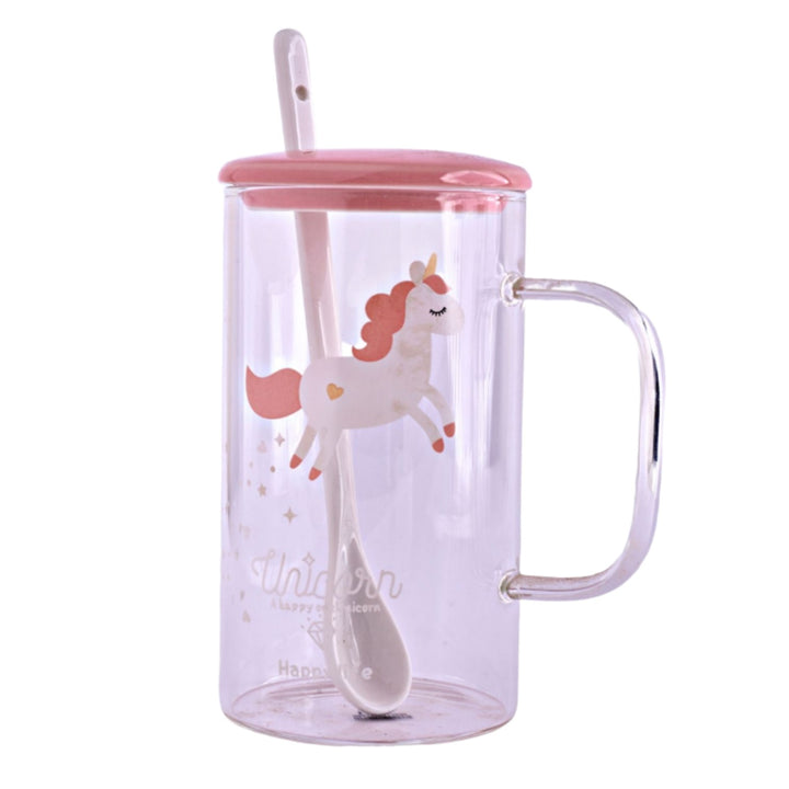Tall glass mug with unicorn design, lid and spoon by Candy Floss