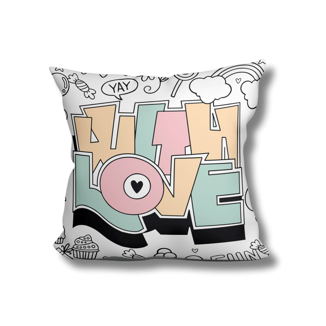 A square throw pillow with a background featuring cute doodles printed on it. The words "With Love" are printed in a playful font on top of the doodles. The pillow has a smooth finish and a zipper closure on one side.